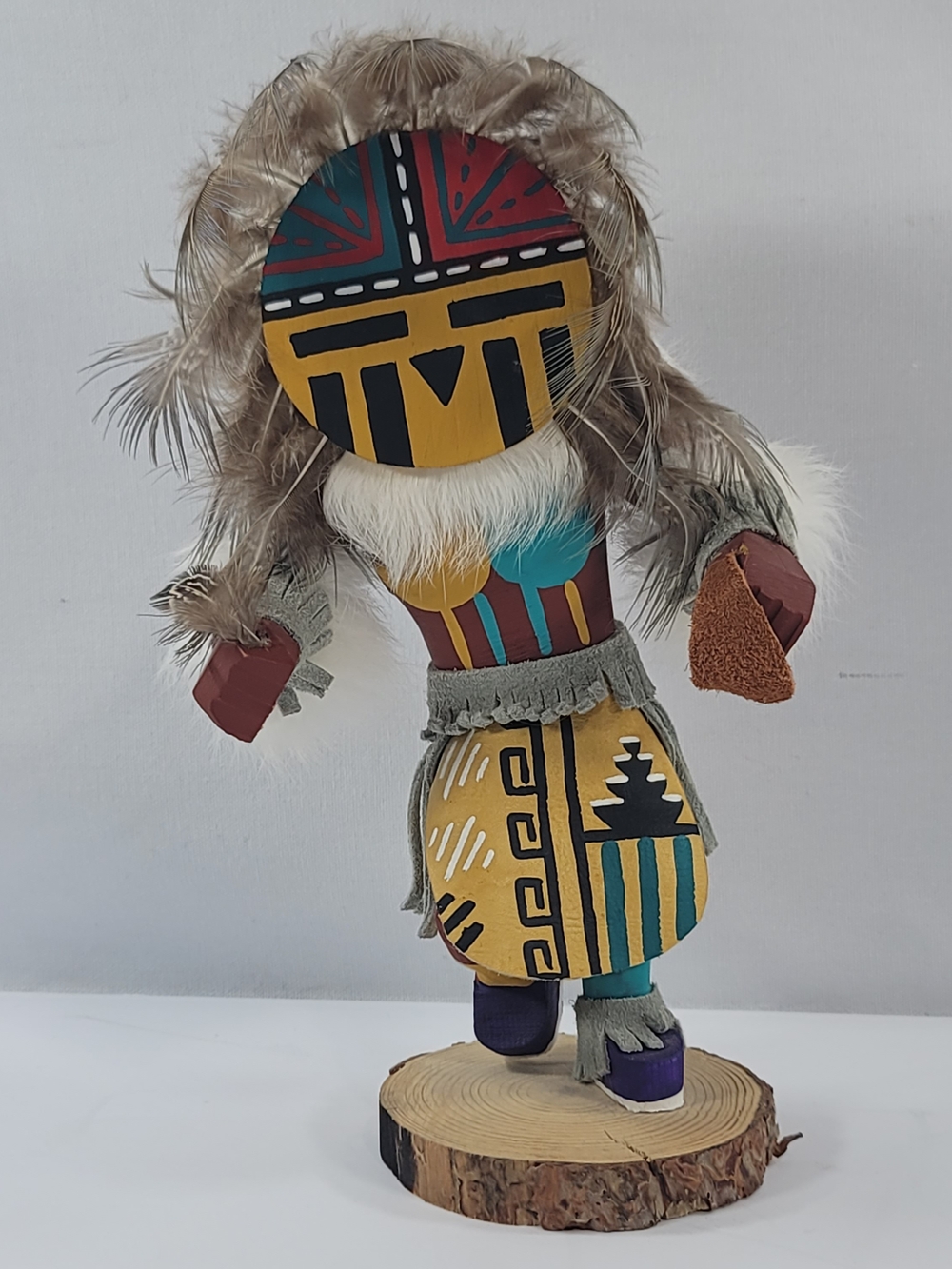 Handcrafted Native American Kachina Sunface Doll Wood Feathers Fur And Leather